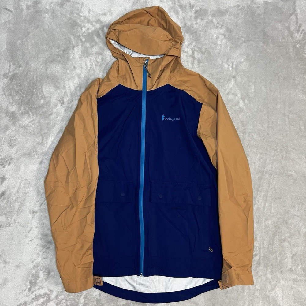 Cotopaxi Mens XL Parque Rain Shell Jacket Blue Tan Hooded Full Zip Raincoat
